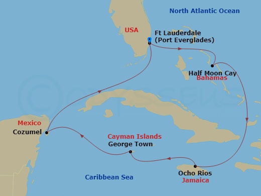 HAL Nieuw Statendam - 7 Night - Western Caribbean : Greater Antilles & Mexico - HAL Nieuw Statendam - Starting in Fort Lauderdale, Florida, RelaxAway, Half Moon Cay, Bahamas, Ocho.. itinerary map