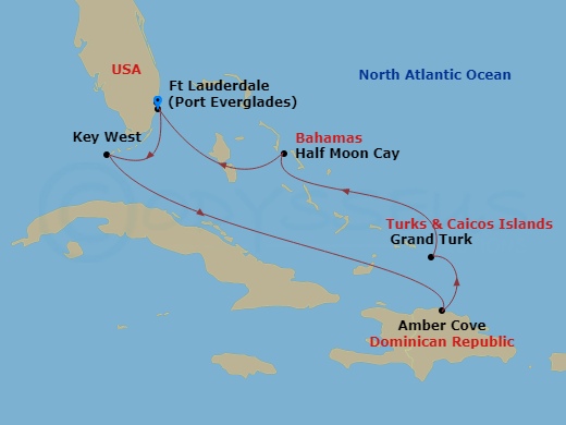 HAL Eurodam - 7 Night - Eastern Caribbean : Amber Cove & Bahamas - HAL Eurodam - Starting in Fort Lauderdale, Florida, Key West, Florida, Amber Cove, Dominican Republic, Gr.. itinerary map