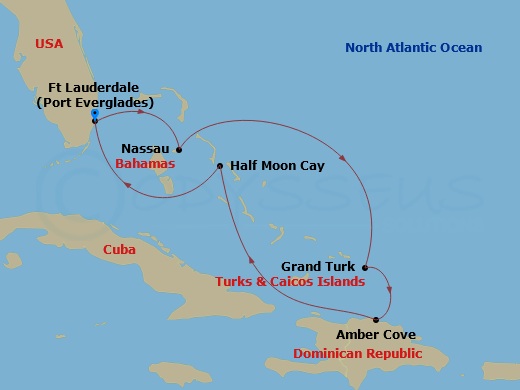 HAL Eurodam - 7 Night - Eastern Caribbean : Amber Cove & Bahamas - HAL Eurodam - Starting in Fort Lauderdale, Florida, Nassau, Bahamas, Grand Turk, Turks and Caicos, Amber.. itinerary map
