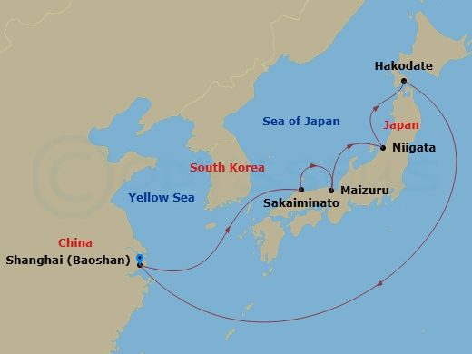 RCL Spectrum of the Seas - 8 Night - Best of Japan Cruise - RCL Spectrum of the Seas - Starting in Shanghai (Baoshan), China, Sakaiminato, Japan, Kyoto (Maizuru), Japan, Niigata, Japan,.. itinerary map