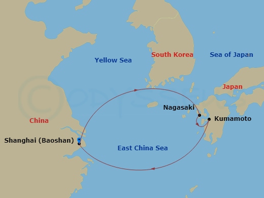 RCL Spectrum of the Seas - 5 Night - Nagasaki & Kumamoto Cruise - RCL Spectrum of the Seas - Starting in Shanghai (Baoshan), China, Nagasaki, Japan, Kumamoto (Yatsushiro), Japan, Shangh.. itinerary map