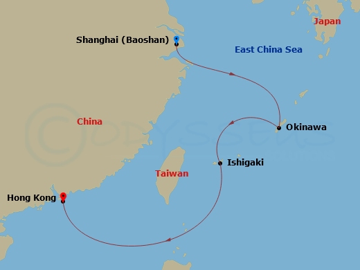 RCL Spectrum of the Seas - 5 Night - Okinawa & Ishigaki Cruise - RCL Spectrum of the Seas - Starting in Shanghai (Baoshan), China, Okinawa, Japan, Ishigaki, Japan, Hong Kong, China itinerary map