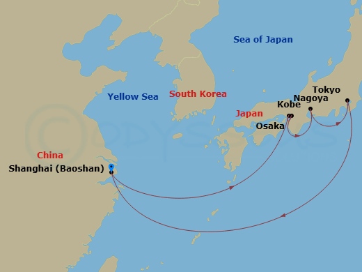 RCL Spectrum of the Seas - 8 Night - Kobe, Osaka, Nagoya & Tokyo - RCL Spectrum of the Seas - Starting in Shanghai (Baoshan), China, Osaka, Japan, Kobe, Japan, Nagoya, Japan, Tokyo, Jap.. itinerary map