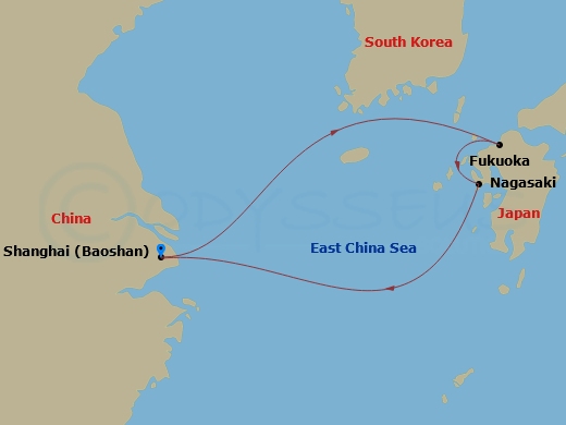 RCL Spectrum of the Seas - 5 Night - Fukuoka & Nagasaki Cruise - RCL Spectrum of the Seas - Starting in Shanghai (Baoshan), China, Fukuoka, Japan, Nagasaki, Japan, Shanghai (Baoshan), C.. itinerary map