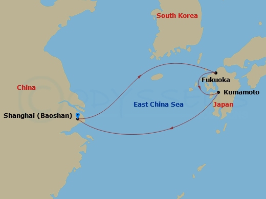 RCL Spectrum of the Seas - 5 Night - Fukuoka & Kumamoto Cruise - RCL Spectrum of the Seas - Starting in Shanghai (Baoshan), China, Fukuoka, Japan, Kumamoto (Yatsushiro), Japan, Shanghai.. itinerary map