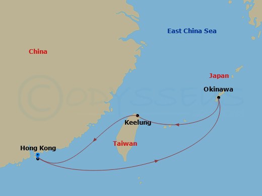 RCL Spectrum of the Seas - 5 Night - Okinawa & Taipei Cruise - RCL Spectrum of the Seas - Starting in Hong Kong, China, Okinawa, Japan, Taipei (Keelung), Taiwan, China, Hong Kong, China itinerary map