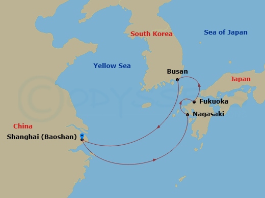 RCL Spectrum of the Seas - 6 Night - Nagasaki, Fukuoka & Busan - RCL Spectrum of the Seas - Starting in Shanghai (Baoshan), China, Nagasaki, Japan, Fukuoka, Japan, Busan, South Korea, S.. itinerary map