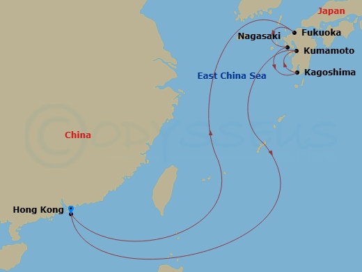 RCL Spectrum of the Seas - 9 Night - Best of Japan Holiday Cruise - RCL Spectrum of the Seas - Starting in Hong Kong, China, Fukuoka, Japan, Nagasaki, Japan, Kagoshima, Japan, Kumamoto.. itinerary map