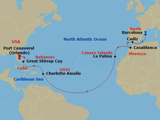 NCL Norwegian Epic - 14 Night - Repo - Transatlantic - NCL Norwegian Epic - Starting in Barcelona, Spain, Cadiz / Seville, Spain, Casablanca, Morocco, Santa Cruz de La Palma, St T.. itinerary map