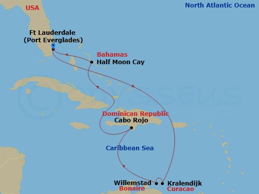 HAL Nieuw Amsterdam - 9 Night - Southern Caribbean & Abc Islands with History Channel - HAL Nieuw Amsterdam - Starting in Fort Lauderdale, Florida, Kralendijk, Bonaire, Willemstad.. itinerary map