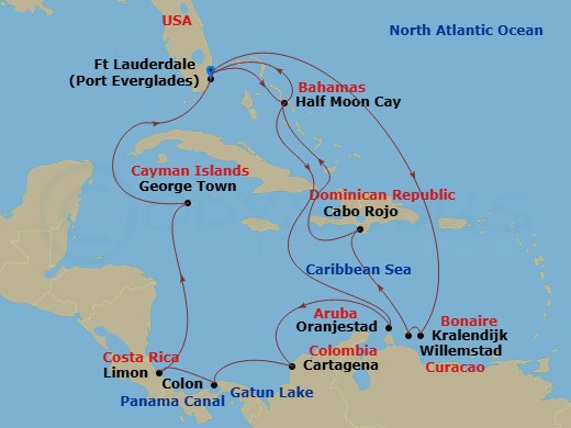 HAL Nieuw Amsterdam - 21 Night - Panama Canal & Southern Caribbean : Abc Islands - HAL Nieuw Amsterdam - Starting in Fort Lauderdale, Florida, RelaxAway, Half Moon Cay, Bahamas, Or.. itinerary map