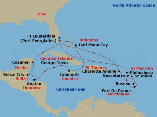 HAL Rotterdam - 21 Night - Western & Eastern Caribbean : Mexico & Leeward Islands - HAL Rotterdam - Starting in Fort Lauderdale, Florida, RelaxAway, Half Moon Cay, Bahamas, F.. itinerary map