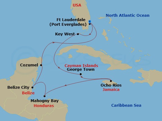 HAL Rotterdam - 10 Night - Western Caribbean : Greater Antilles, Belize & Mexico - HAL Rotterdam - Starting in Fort Lauderdale, Florida, Key West, Florida, Georgetown, Cayman.. itinerary map