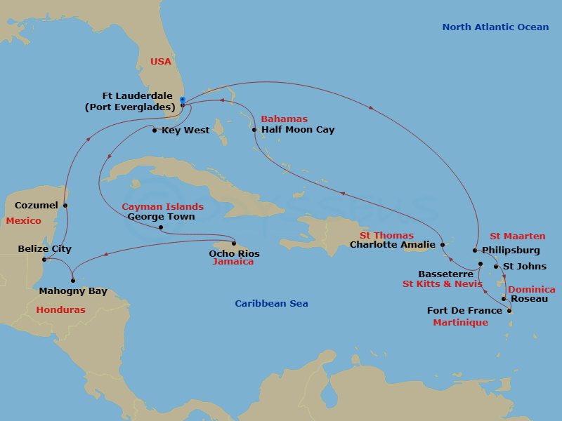 HAL Rotterdam - 21 Night - Eastern & Western Caribbean : Leeward Islands & Mexico - HAL Rotterdam - Starting in Fort Lauderdale, Florida, Philipsburg, Sint Maarten, St Johns.. itinerary map