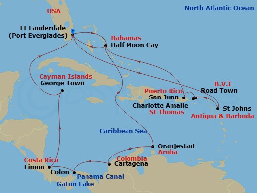 HAL Nieuw Amsterdam - 21 Night - Eastern Caribbean & Panama Canal : U.S. Virgin Islands - HAL Nieuw Amsterdam - Starting in Fort Lauderdale, Florida, St Johns AG, Antigua, St Thoma.. itinerary map
