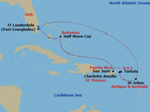 HAL Nieuw Amsterdam - 9 Night - Eastern Caribbean : U.S. and British Virgin Islands - HAL Nieuw Amsterdam - Starting in Fort Lauderdale, Florida, St Johns AG, Antigua, St Thomas, U.. itinerary map