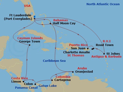 HAL Nieuw Amsterdam - 21 Night - Panama Canal & Eastern Caribbean : U.S. Virgin Islands - HAL Nieuw Amsterdam - Starting in Fort Lauderdale, Florida, RelaxAway, Half Moon Cay, Baha.. itinerary map