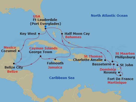 HAL Rotterdam - 21 Night - Western & Eastern Caribbean : Mexico & Leeward Islands - HAL Rotterdam - Starting in Fort Lauderdale, Florida, RelaxAway, Half Moon Cay, Bahamas, F.. itinerary map