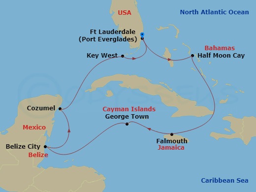 HAL Rotterdam - 10 Night - Western Caribbean : Greater Antilles, Belize & Mexico - HAL Rotterdam - Starting in Fort Lauderdale, Florida, RelaxAway, Half Moon Cay, Bahamas, Fa.. itinerary map