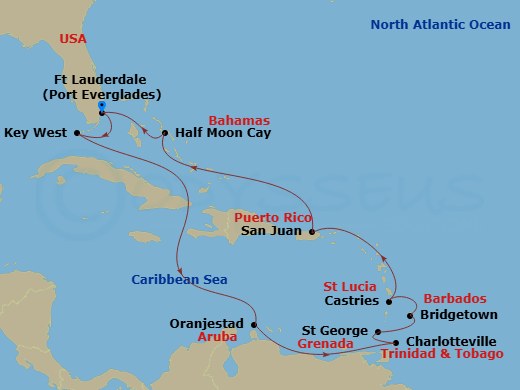 HAL Volendam - 14 Night - Southern Caribbean : Abc & Windward Islands Holiday - HAL Volendam - Starting in Fort Lauderdale, Florida, Key West, Florida, Oranjestad, Aruba, Ch.. itinerary map