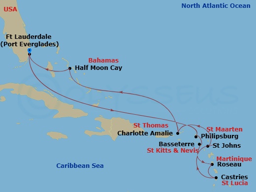 HAL Rotterdam - 11 Night - Eastern Caribbean Holiday : Windward & Leeward Islands - HAL Rotterdam - Starting in Fort Lauderdale, Florida, Philipsburg, Sint Maarten, Basseterr.. itinerary map