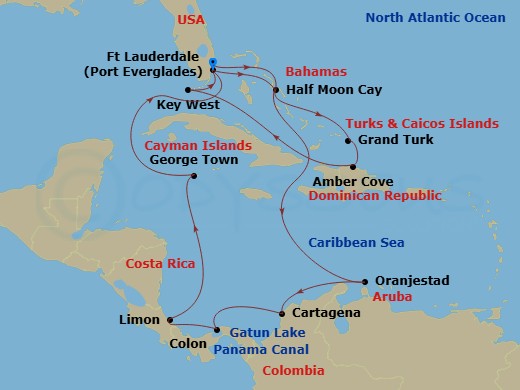 HAL Nieuw Amsterdam - 19 Night - Panama Canal Holiday : Amber Cove & Costa Rica - HAL Nieuw Amsterdam - Starting in Fort Lauderdale, Florida, RelaxAway, Half Moon Cay, Bahamas, Gra.. itinerary map