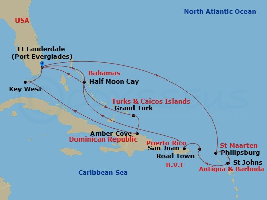 HAL Nieuw Amsterdam - 16 Night - Eastern Caribbean Holiday : Amber Cove & Bahamas - HAL Nieuw Amsterdam - Starting in Fort Lauderdale, Florida, Philipsburg, Sint Maarten, St Johns.. itinerary map
