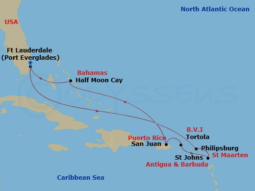 HAL Nieuw Amsterdam - 9 Night - Eastern Caribbean : St. Maarten, Antigua & Bahamas - HAL Nieuw Amsterdam - Starting in Fort Lauderdale, Florida, Philipsburg, Sint Maarten, St Johns.. itinerary map