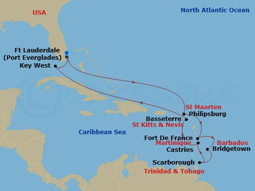 HAL Nieuw Amsterdam - 12 Night - Eastern Caribbean : Barbados, St. Lucia & St. Kitts - HAL Nieuw Amsterdam - Starting in Fort Lauderdale, Florida, Philipsburg, Sint Maarten, Fort-D.. itinerary map