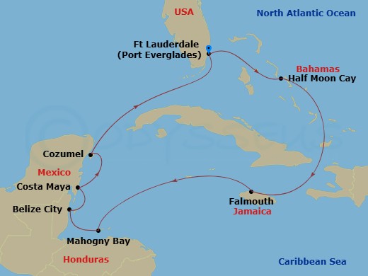 HAL Rotterdam - 10 Night - Western Caribbean : Greater Antilles, Belize & Mexico - HAL Rotterdam - Starting in Fort Lauderdale, Florida, RelaxAway, Half Moon Cay, Bahamas, Fa.. itinerary map