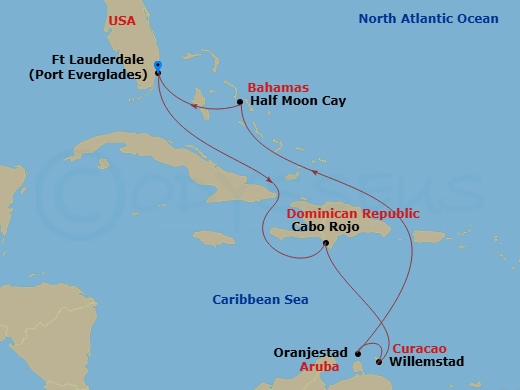 HAL Nieuw Amsterdam - 9 Night - Southern Caribbean & Abc Islands with History Channel - HAL Nieuw Amsterdam - Starting in Fort Lauderdale, Florida, Cabo Rojo, Dominican Republic, W.. itinerary map