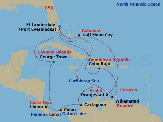 HAL Nieuw Amsterdam - 21 Night - Panama Canal & Southern Caribbean : Abc Islands - HAL Nieuw Amsterdam - Starting in Fort Lauderdale, Florida, RelaxAway, Half Moon Cay, Bahamas, Or.. itinerary map