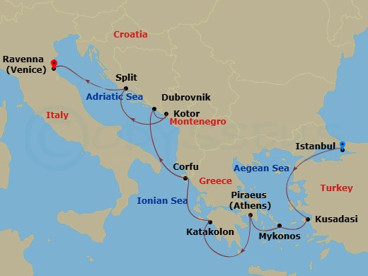 NCL Norwegian Viva - 9 Night - Europe - Greek Isles & Eastern Med - NCL Norwegian Viva - Starting in Istanbul, Turkey, Kusadasi, Turkey, Mykonos, Greece, Piraeus / Athens, Greece,.. itinerary map