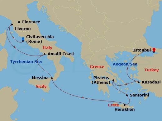 NCL Norwegian Viva - 10 Night - Greek Isles & Italy - NCL Norwegian Viva - Starting in Civitavecchia Rome, Italy, Livorno / Florence / Pisa, Italy, Amalfi Coast (Salerno), Italy,.. itinerary map
