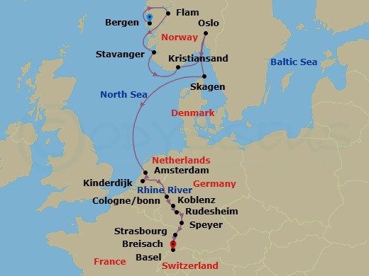 14 Night - Rhine & Viking Shores & Fjords - Viking Vela - Starting in Bergen, Flam, Norway, Stavanger, Kristiansand, Oslo, Skagen, Sail the North Sea, Amsterdam, Kinderdijk, Scenic Sailing Waal and Merwede, Cologne, Koblenz, Middle Rhine Scenic Sailing, Rudesheim, Speyer, Strasbourg, Breisach, Basel itinerary map