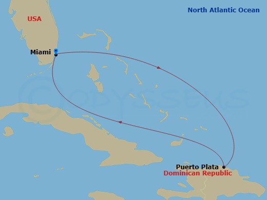 NCL Norwegian Pearl - 4 Night - Eastern Caribbean - Miami - NCL Norwegian Pearl - Starting in Miami, Fl, Puerto Plata, Dominican Republic, Miami, Fl itinerary map
