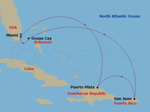 MSC Seaside - 7 Night - Caribbean and Antilles - MSC Seaside - Starting in Miami, Florida, Ocean Cay Msc Marine Reserve, Bahamas, San Juan, Puerto Rico, Puerto Plata, Domin.. itinerary map