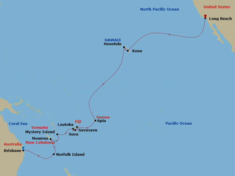 26 Night - World Cruise : South Pacific Explorer & Hawaii - Seabourn Quest - Starting in Brisbane, Australia, Norfolk Island, Australia, Noumea, New Caledonia, Mystery Island, Vanuatu, Lautoka, Fiji, Suva, Viti Levu, Fiji, Savusavu, Vanua Levu, Fiji, Apia, Upolu, Samoa, Cross International Dateline, Crossing the Equator, Honolulu, Hawaii, Kona, Hawaii, Long Beach, California itinerary map
