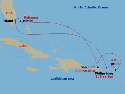 Brilliant Lady - 9 Night - Pre-Holiday Caribbean Getaway - Brilliant Lady - Starting in Miami, Philipsburg, Sint Maarten, Road Town, Tortola, British Virgin Islands, San Juan,.. itinerary map