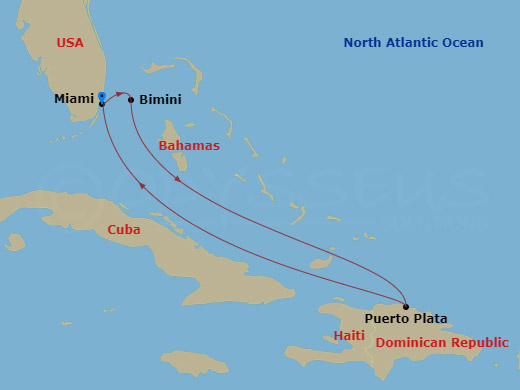 Brilliant Lady - 5 Night - Brilliant Caribbean Holidays - Brilliant Lady - Starting in Miami, The Beach Club at Bimini, Bahamas, Puerto Plata, Dominican Republic, Miami itinerary map