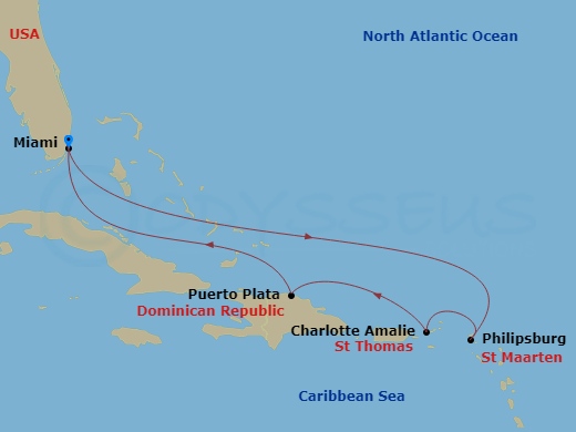 RCL Allure of the Seas - 7 Night - Eastern Caribbean Cruise - RCL Allure of the Seas - Starting in Miami, Florida, Philipsburg, St Maarten, Charlotte Amalie, St Thomas, Puerto Plata,.. itinerary map