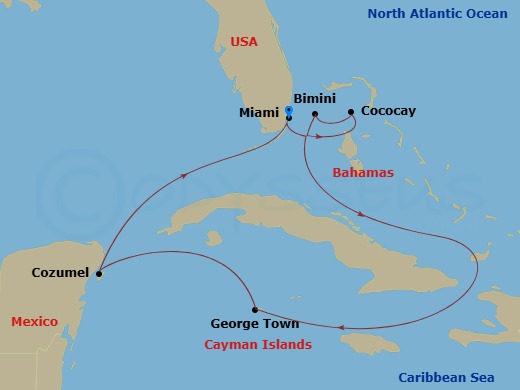 RCL Independence of the Seas - 7 Night - Western Caribbean & Perfect Day - RCL Independence of the Seas - Starting in Miami, Florida, Perfect Day Cococay, Bahamas, Bimini, Bahamas, George T.. itinerary map