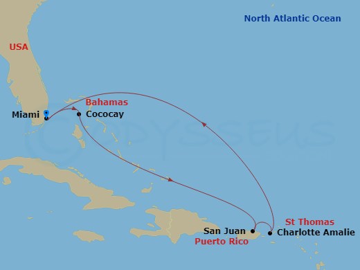 RCL Independence of the Seas - 7 Night - Eastern Caribbean & Perfect Day - RCL Independence of the Seas - Starting in Miami, Florida, Perfect Day Cococay, Bahamas, San Juan, Puerto Rico, Ch.. itinerary map