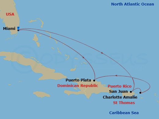 RCL Independence of the Seas - 7 Night - Eastern Caribbean Cruise - RCL Independence of the Seas - Starting in Miami, Florida, San Juan, Puerto Rico, Charlotte Amalie, St Thomas, Puerto Pla.. itinerary map
