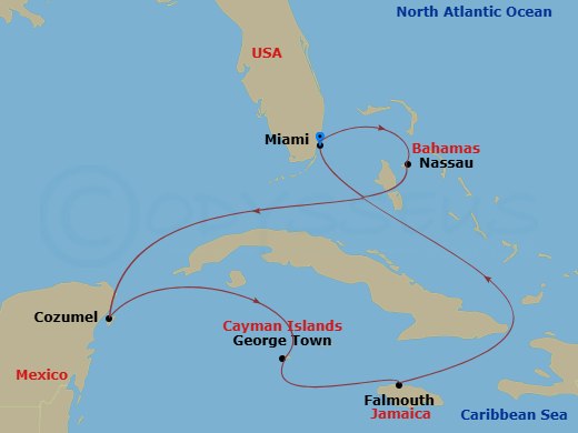 RCL Independence of the Seas - 7 Night - Western Caribbean Cruise - RCL Independence of the Seas - Starting in Miami, Florida, Nassau, Bahamas, Cozumel, Mexico, George Town, Grand Cayman, F.. itinerary map