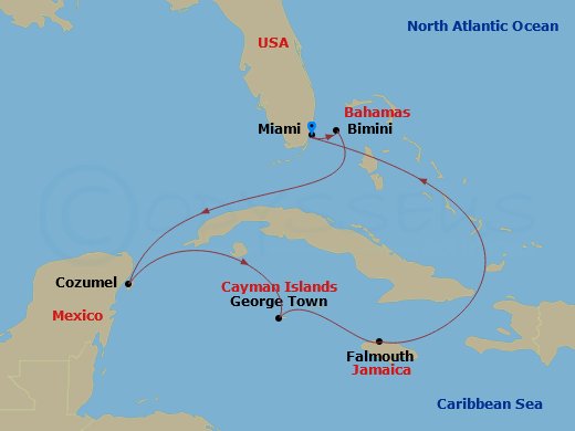 RCL Independence of the Seas - 7 Night - Western Caribbean Cruise - RCL Independence of the Seas - Starting in Miami, Florida, Bimini, Bahamas, Cozumel, Mexico, George Town, Grand Cayman, F.. itinerary map