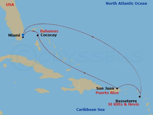 RCL Allure of the Seas - 7 Night - Eastern Caribbean & Perfect Day - RCL Allure of the Seas - Starting in Miami, Florida, Perfect Day Cococay, Bahamas, San Juan, Puerto Rico, Basseter.. itinerary map