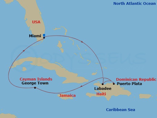 RCL Independence of the Seas - 7 Night - Western Caribbean Cruise - RCL Independence of the Seas - Starting in Miami, Florida, Labadee, Haiti, Puerto Plata, Dominican Republic, George Town,.. itinerary map