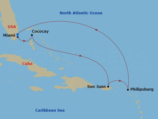 RCL Allure of the Seas - 7 Night - Eastern Caribbean & Perfect Day - RCL Allure of the Seas - Starting in Miami, Florida, Perfect Day Cococay, Bahamas, San Juan, Puerto Rico, Philipsb.. itinerary map