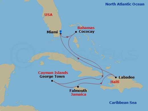 RCL Independence of the Seas - 7 Night - Western Caribbean & Perfect Day - RCL Independence of the Seas - Starting in Miami, Florida, Perfect Day Cococay, Bahamas, George Town, Grand Cayman.. itinerary map